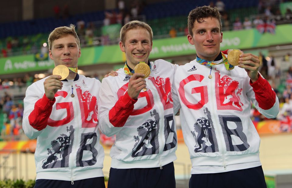 Philip Hindes (left) and Callum Skinner (right) pictured with Jason Kenny and their 2016 golds