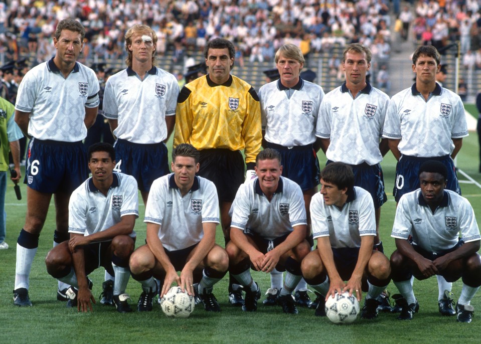 04 July 1990 - Turin - FIFA World Cup semi-final - West Germany v England - the English team pose for a group photo: back row Terry Butcher, Mark Wright, Peter Shilton, Stuart Pearce, David Platt, Gary Lineker, front row Des Walker, Chris Waddle, Paul Gascoigne, Peter Beardsley, Paul Parker - (photo by Mark Leech/Offside/Getty Images)