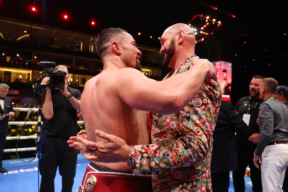 RIYADH, SAUDI ARABIA - MARCH 08: Joseph Parker embraces Tyson Fury after being announced winner in the WBO Interim World Heavyweight title fight between Zhilei Zhang and Joseph Parker on the Knockout Chaos boxing card at the Kingdom Arena on March 08, 2024 in Riyadh, Saudi Arabia. (Photo by Richard Pelham/Getty Images)