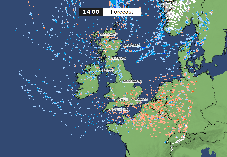 There will be flurries of snow over the mountains of Scotland and even in northern England at 2pm