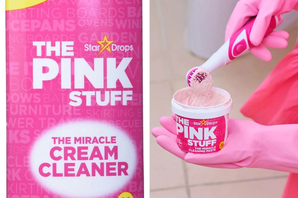 Collage of The Pink Stuff Miracle Cream Cleaner packaging and a gloved hand using an electric cleaning brush with the cleaner.