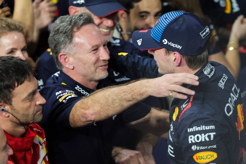 Red Bull driver Max Verstappen, right, celebrates with Horner after winning the F1 Saudi Arabian Grand Prix