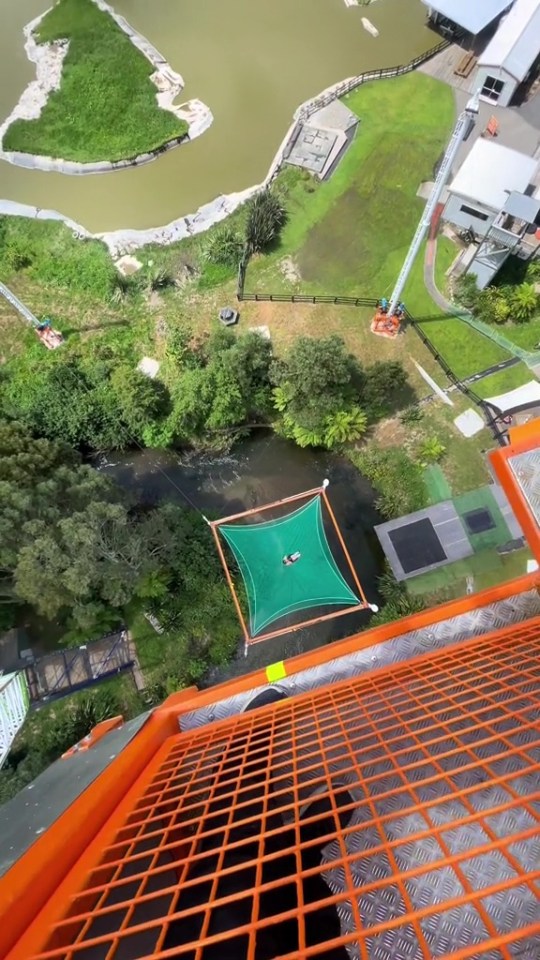 Her fall is broken by a large green net