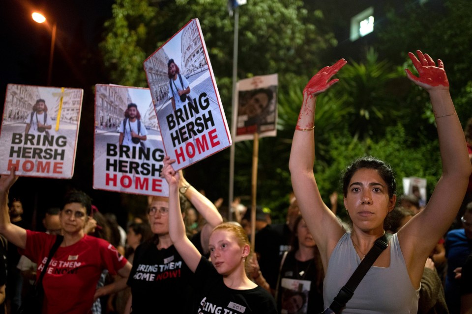 The brave parents of Hersh (pictured on the signs) told him to 'stay strong and survive' as furious protests to free the remaining hostages continue