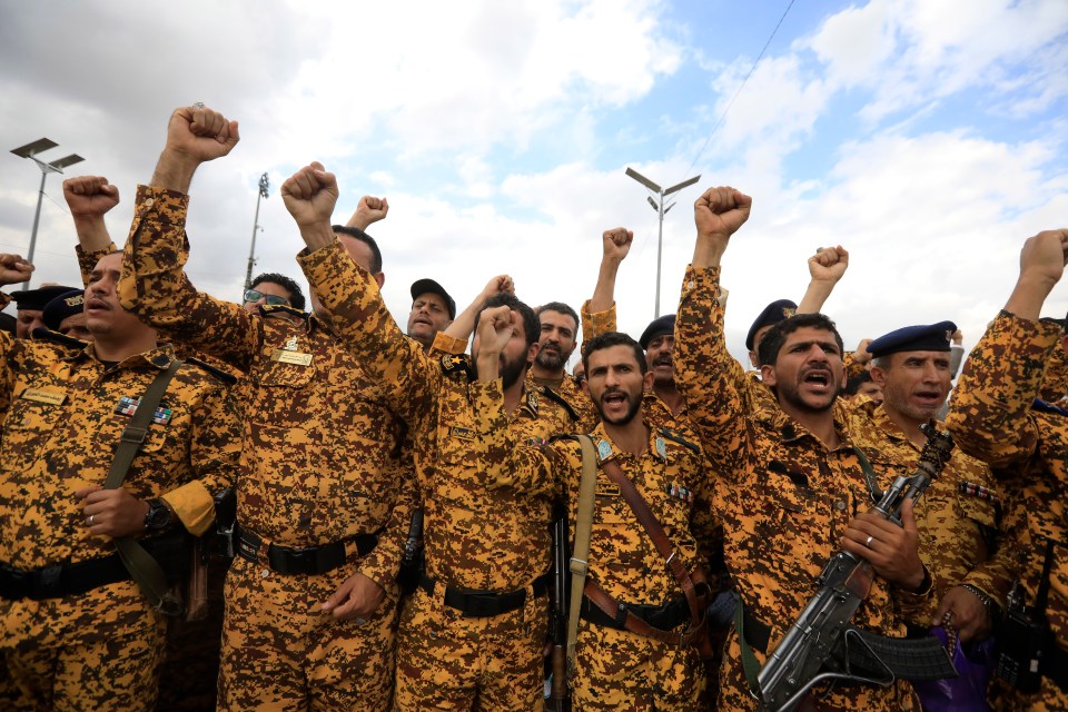 epa11260944 Houthi troopers shout slogans during a rally marking the Al-Quds Day, in Sana'a, Yemen, 05 April 2024. Thousands of Houthi supporters took part in the rally to commemorate the day in solidarity with the Palestinian people. Al Quds Day was declared in 1979 by the late Ayatollah Khomeini, founder of the Islamic Iranian Republic, who called on the world's Muslims to show solidarity with Palestinians on the last Friday of the fasting month of Ramadan. EPA/YAHYA ARHAB