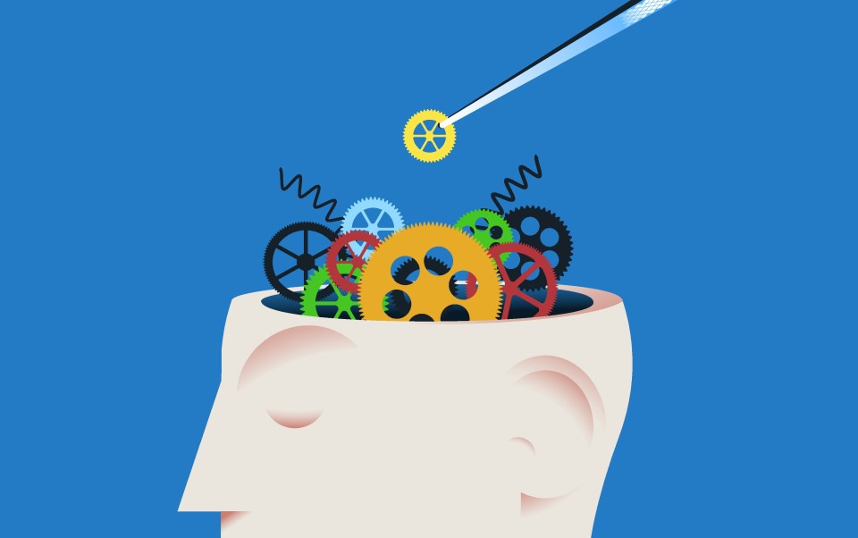 Human head with clock gears. Psychology, mind, therapy concept. Vector illustration.