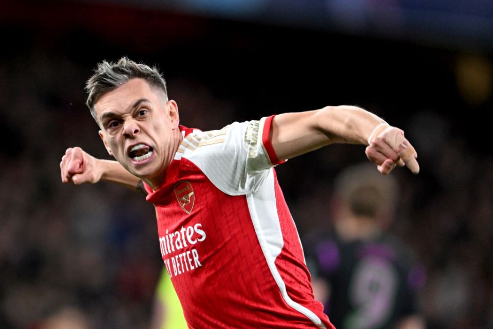 LONDON, ENGLAND - APRIL 09: Leandro Trossard of Arsenal celebrates scoring his team's second goal during the UEFA Champions League quarter-final first leg match between Arsenal FC and FC Bayern MÃ¼nchen at Emirates Stadium on April 09, 2024 in London, England. (Photo by Stuart MacFarlane/Arsenal FC via Getty Images)