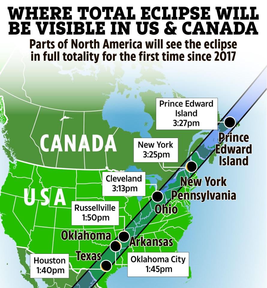 The path of the total eclipse in the US and Canada