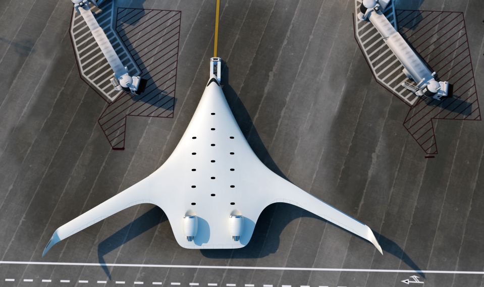 From above, the plane resembles a stingray with a wide belly