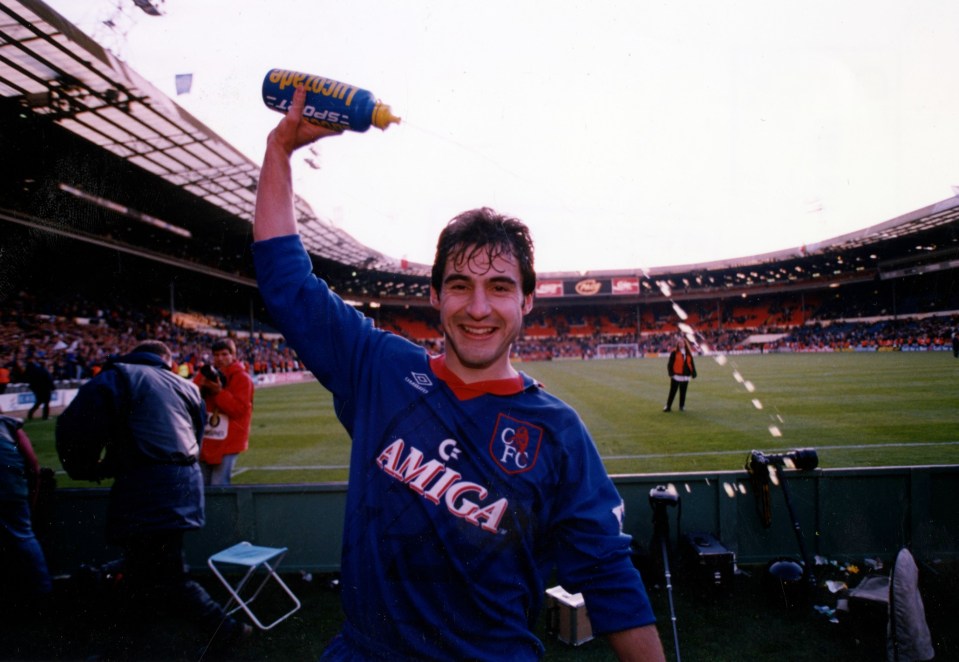 Gavin Peacock celebrates Chelsea's victory in their 2 v 0 win against  Luton Town in the FA Cup Semi Final 09.04.1994.  Peacock Scored both the goals