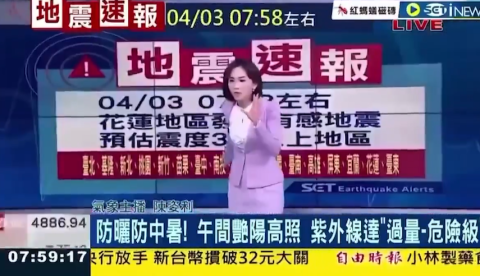 A reporter desperately tries to keep her balance as her studio shakes