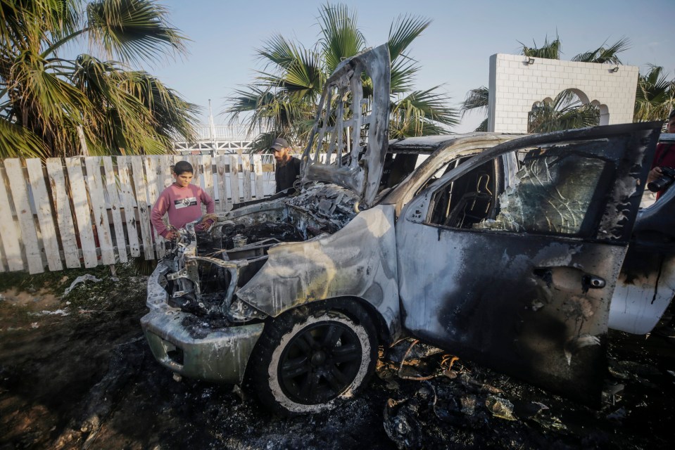 The aid vehicle that was struck in the attack in Deir al-Balah