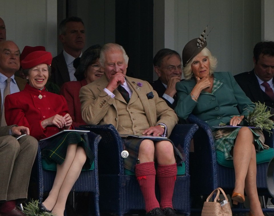 Princess Anne, King Charles and Queen Camilla during the Braemar Gathering highland games