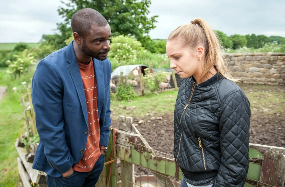 A man and woman have a serious conversation by a fence.