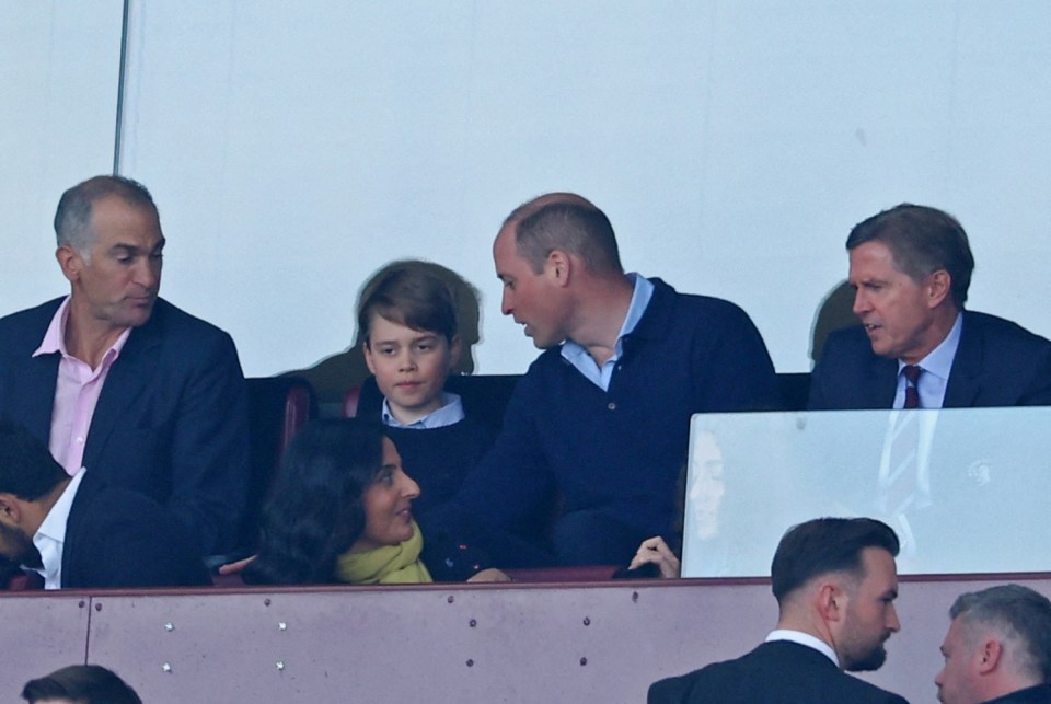 Soccer Football - Premier League - Aston Villa v Nottingham Forest - Villa Park, Birmingham, Britain - April 8, 2023 Britain's Prince William, Prince of Wales, Prince George and Christian Purslow chief executive officer of Aston Villa are seen inside the stadium before the match REUTERS/Molly Darlington EDITORIAL USE ONLY. No use with unauthorized audio, video, data, fixture lists, club/league logos or 'live' services. Online in-match use limited to 75 images, no video emulation. No use in betting, games or single club /league/player publications. Please contact your account representative for further details.
