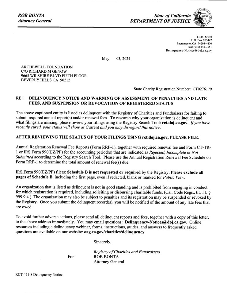 The delinquency notice said the Sussexes' charity failed to submit records and a cheque