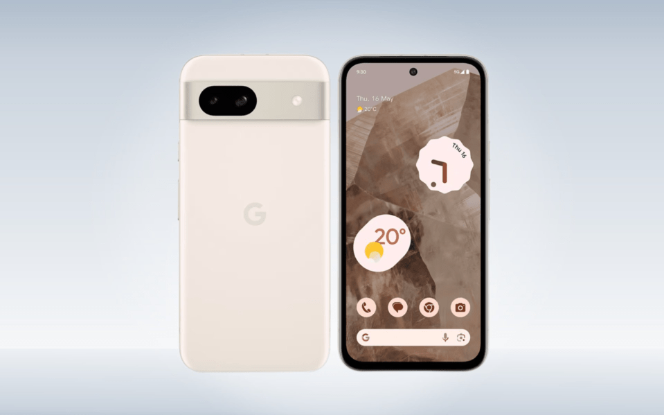 Google Pixel 8a phone, front and back views.
