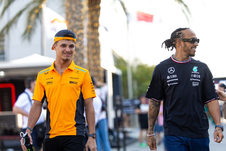 Lando Norris and Lewis Hamilton pictured in February 2024 in Bahrain