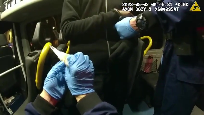 Video of the moment Nur was arrested in the early hours of May 2 shows cops extracting a makeshift blade from a pocket of his black cargo trousers
