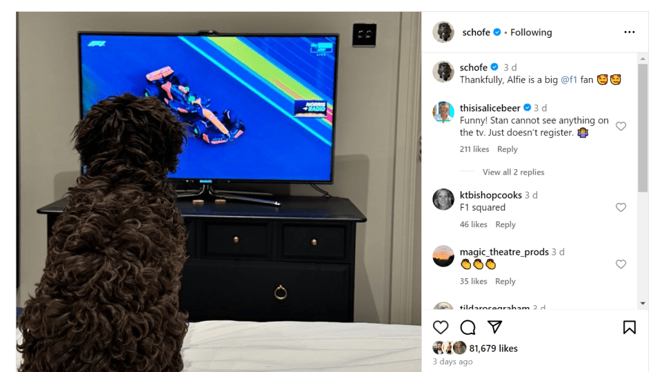 The 62-year-old returned to Instagram this week with a picture of his dog watching the Formula 1