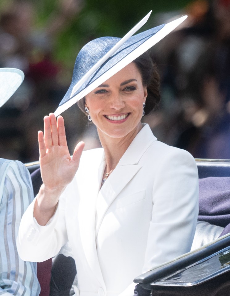LONDON, ENGLAND - JUNE 02: Catherine, Duchess of Cambridge  travels by carriage at Trooping the Colour on June 02, 2022 in London, England.Trooping The Colour, also known as The Queen's Birthday Parade, is a military ceremony performed by regiments of the British Army that has taken place since the mid-17th century. It marks the official birthday of the British Sovereign. This year, from June 2 to June 5, 2022, there is the added celebration of the Platinum Jubilee of Elizabeth II  in the UK and Commonwealth to mark the 70th anniversary of her accession to the throne on 6 February 1952. (Photo by Samir Hussein/WireImage)