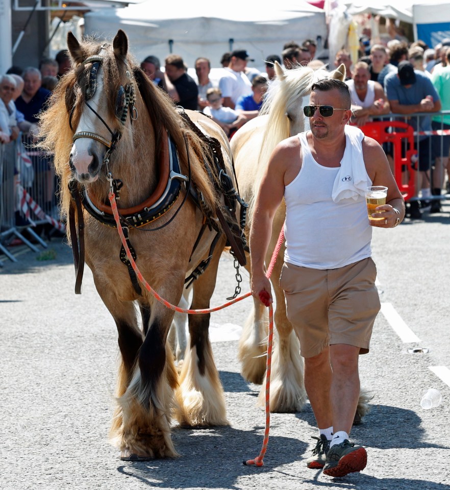 w8media ..The Wickham horse fair in Wickham Square , Hampshire ..The start of the yearly horse fair will see members of the Gypsy and travelling community travel to the village to sell and race ponies and horses. Road closures throughout have meant all local businesses and pubs have closed today as the horses are paraded up and down the centre. Local homeowners and businesses seem unimpressed as usual whilst the horse trading takes place....20/05/2024..