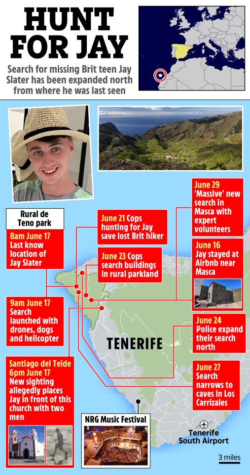 a map of tenerife shows where brit teen jay slater has been expanded north from where he was last seen