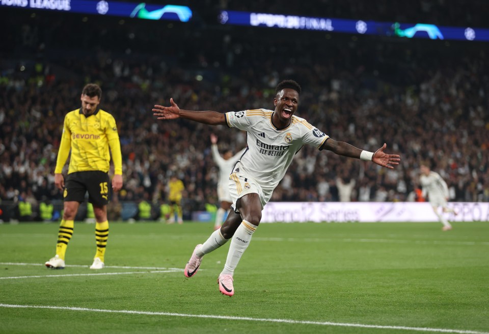 LONDON, ENGLAND - JUNE 01: Vinicius Junior of Real Madrid celebrates scoring his team's second goal during the UEFA Champions League 2023/24 Final match between Borussia Dortmund and Real Madrid CF at Wembley Stadium on June 01, 2024 in London, England. (Photo by Lars Baron/Getty Images)