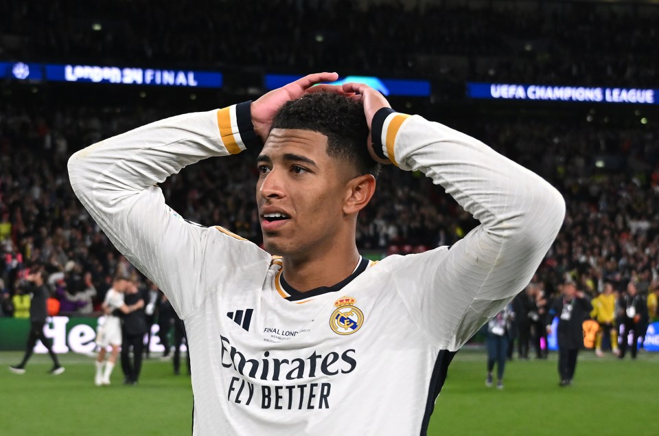 LONDON, ENGLAND - JUNE 01: Jude Bellingham of Real Madrid reacts at full time following the team's victory during the UEFA Champions League 2023/24 Final match between Borussia Dortmund and Real Madrid CF at Wembley Stadium on June 01, 2024 in London, England. (Photo by Michael Regan - UEFA/UEFA via Getty Images)