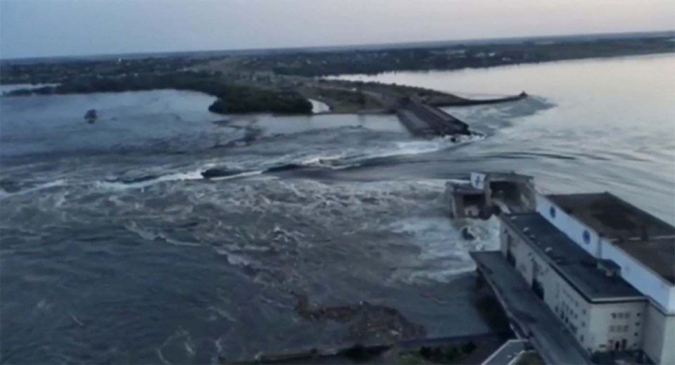 Kakhovka Dam after being  breached on 6 June 2023, causing extensive flooding along the lower Dnipro river