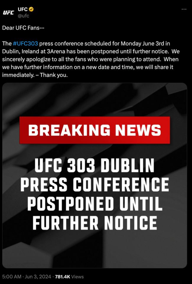 But the UFC announced early this morning that they've postponed the event