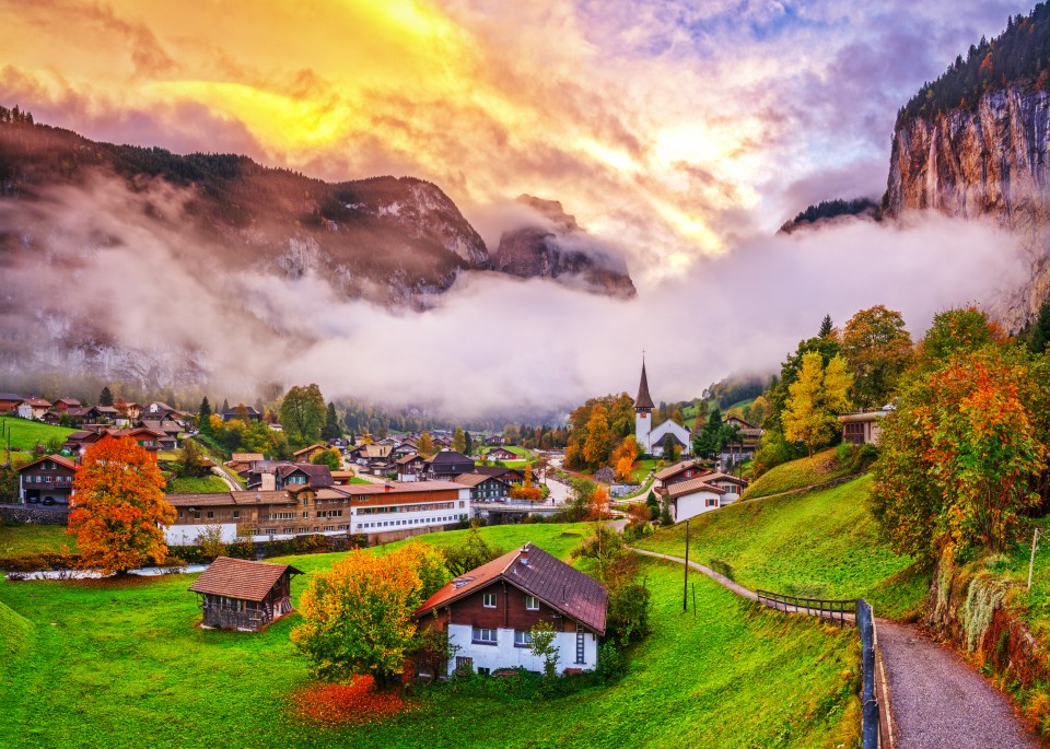 Lauterbrunnen, Switzerland beautiful morning during autumn season.