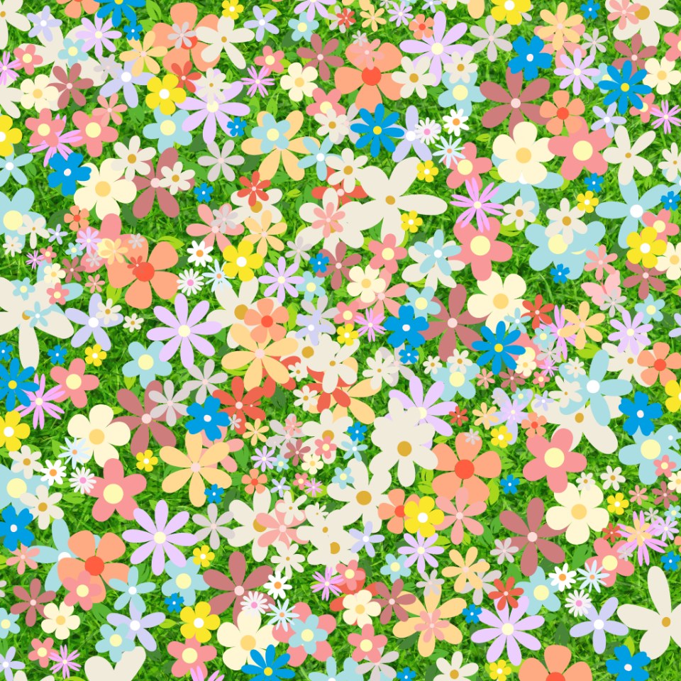 A field of colorful flowers with a hidden butterfly.