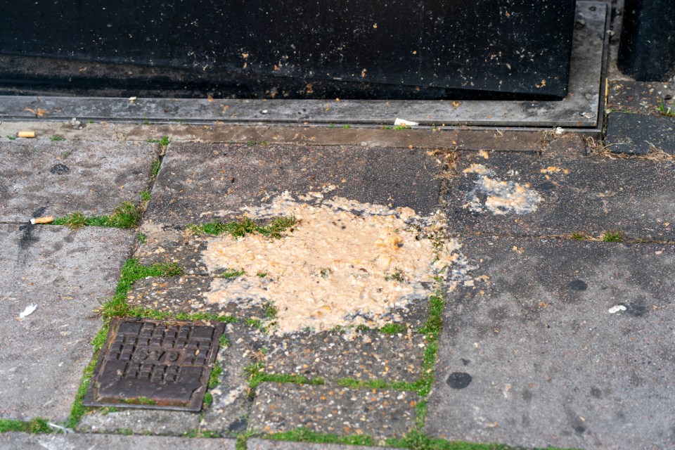 a dirty sidewalk with a manhole cover that says 079 on it