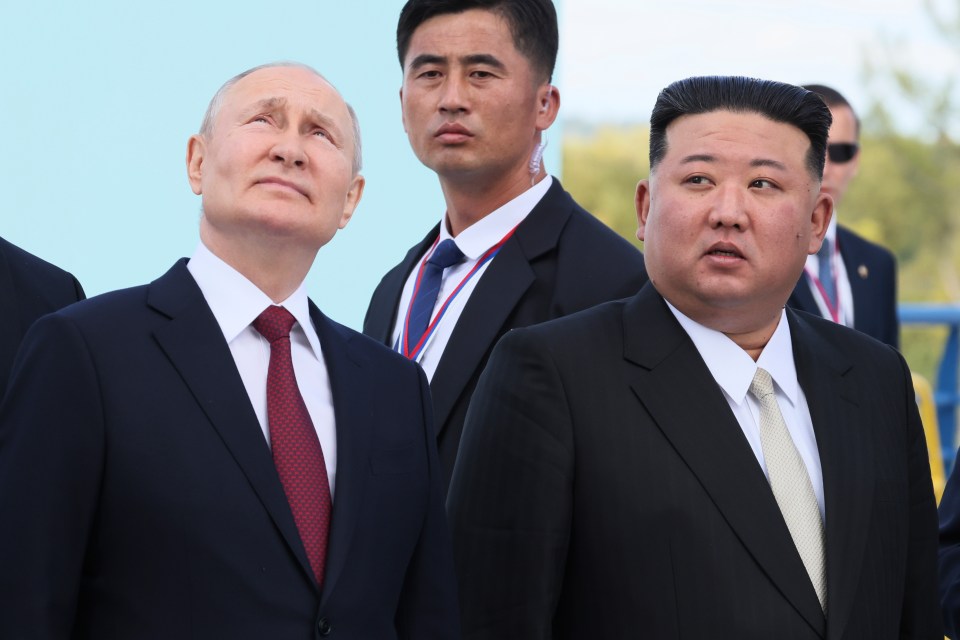 Putin and North Korea’s leader Kim Jong-un pictured in September last year in the far eastern Amur region, Russia