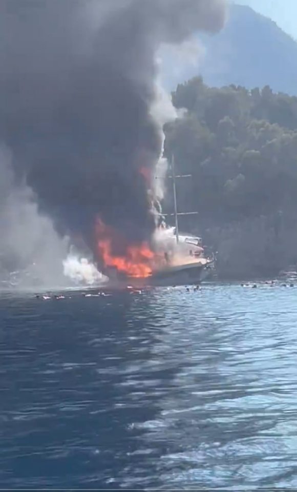 Tourists can be seen swimming desperately from the blaze