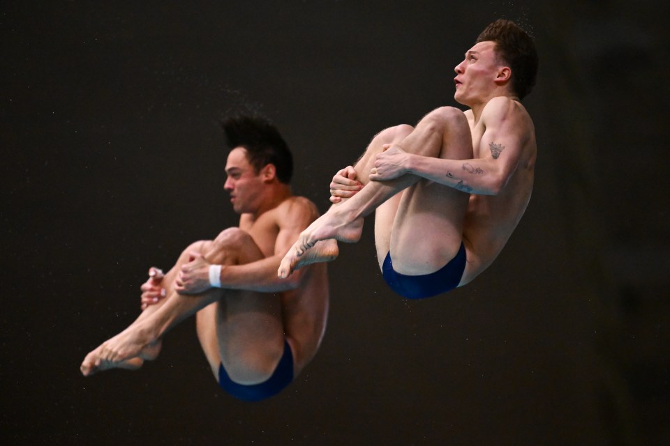 MONTREAL, CANADA - MARCH 03:  Thomas Daley and Noah Williams of Great Britain compete in the Men's 10m Synchronized Platform Final during the World Aquatics Diving World Cup at the Olympic Park Sports Centre on March 3, 2024 in Montreal, Quebec, Canada.  (Photo by Minas Panagiotakis/Getty Images)