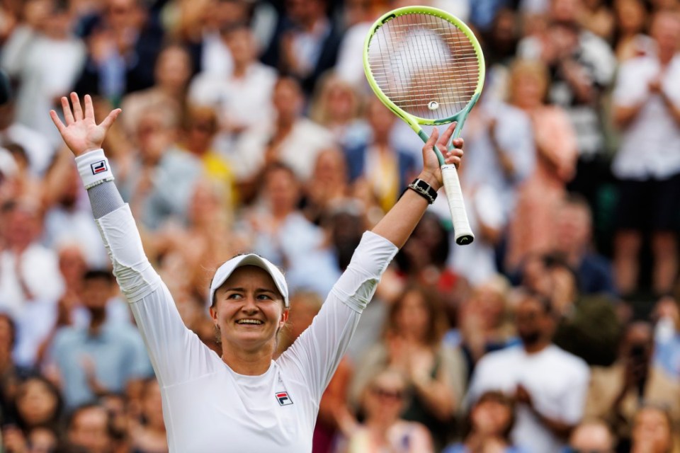 LONDON, ENGLAND - JULY 11: Barbora Krejcikova of the Czech Republic celebrates her victory over Elena Rybakina of Kazakhstan in the semi-final of the women's singles during day eleven of The Championships Wimbledon 2024 at All England Lawn Tennis and Croquet Club on July 11, 2024 in London, England. (Photo by Frey/TPN/Getty Images)