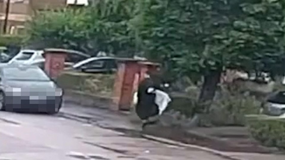 a man is walking down a street with a bag in his hand .