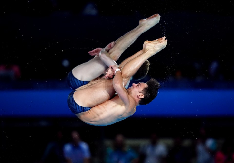 Great Britain's Tom Daley and Noah Williams during the Men's Synchronised 10m Platform Final at the Aquatics Centre on the third day of the 2024 Paris Olympic Games in France. Picture date: Monday July 29, 2024. PA Photo. Photo credit should read: Mike Egerton/PA Wire. RESTRICTIONS: Use subject to restrictions. Editorial use only, no commercial use without prior consent from rights holder.