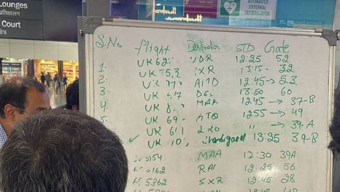a white board with a list of flights on it