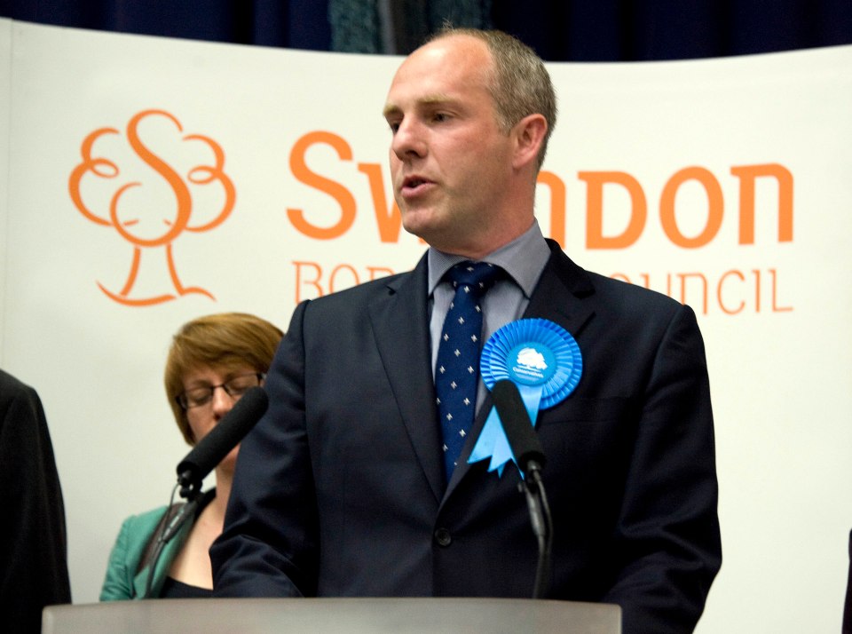 a man stands at a podium in front of a sign that says swdon council