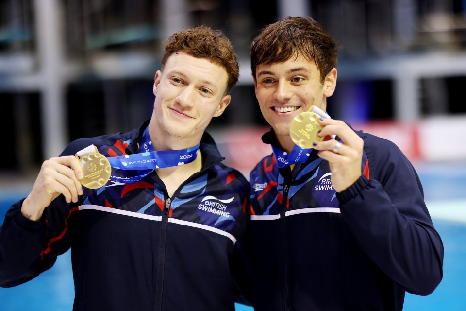 BERLIN, GERMANY - MARCH 24: Gold medalists Noah Williams and Thomas Daley of Team Great Britain pose for a photo with their medals after the medal ceremony for the Men's Synchronized 10m Platform Final during the World Aquatics Diving World Cup 2024 - Stop 2 on March 24, 2024 in Berlin, Germany. (Photo by Maja Hitij/Getty Images)