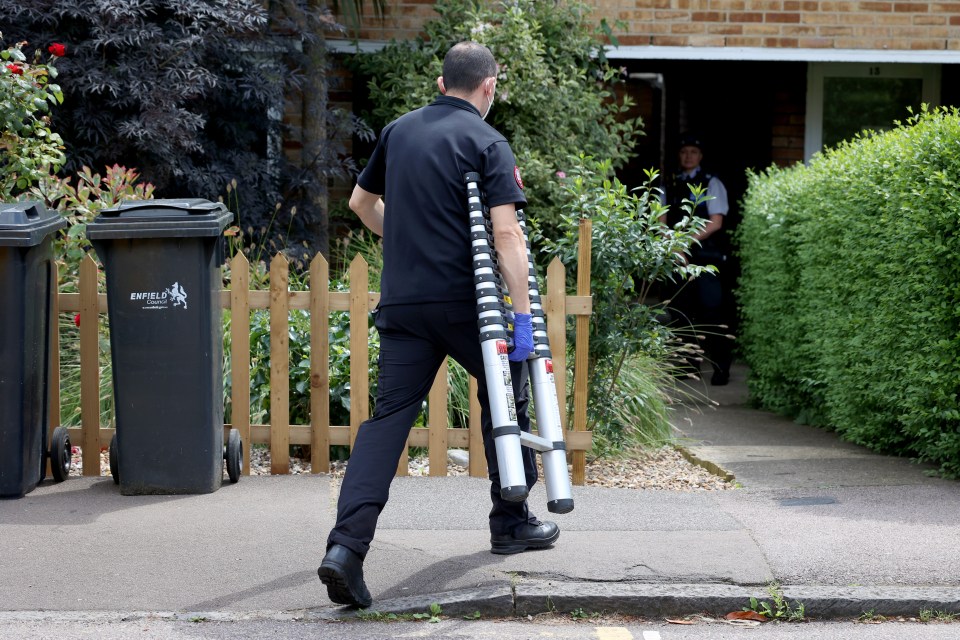 a man carrying a ladder in front of a trash can that says emfield