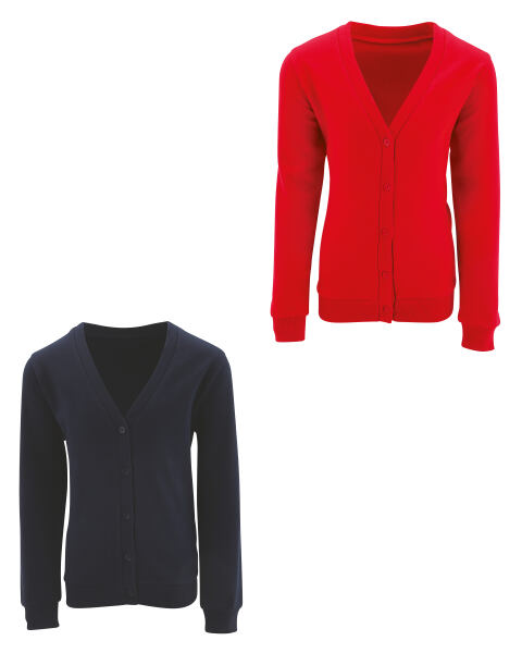 a red cardigan is next to a black cardigan on a white background