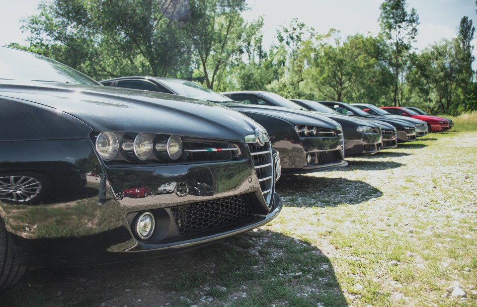 a row of black cars are parked in a grassy area