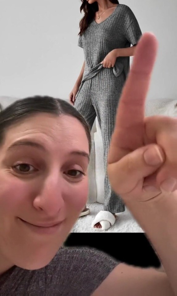 a woman in a grey pajama set is giving a thumbs up