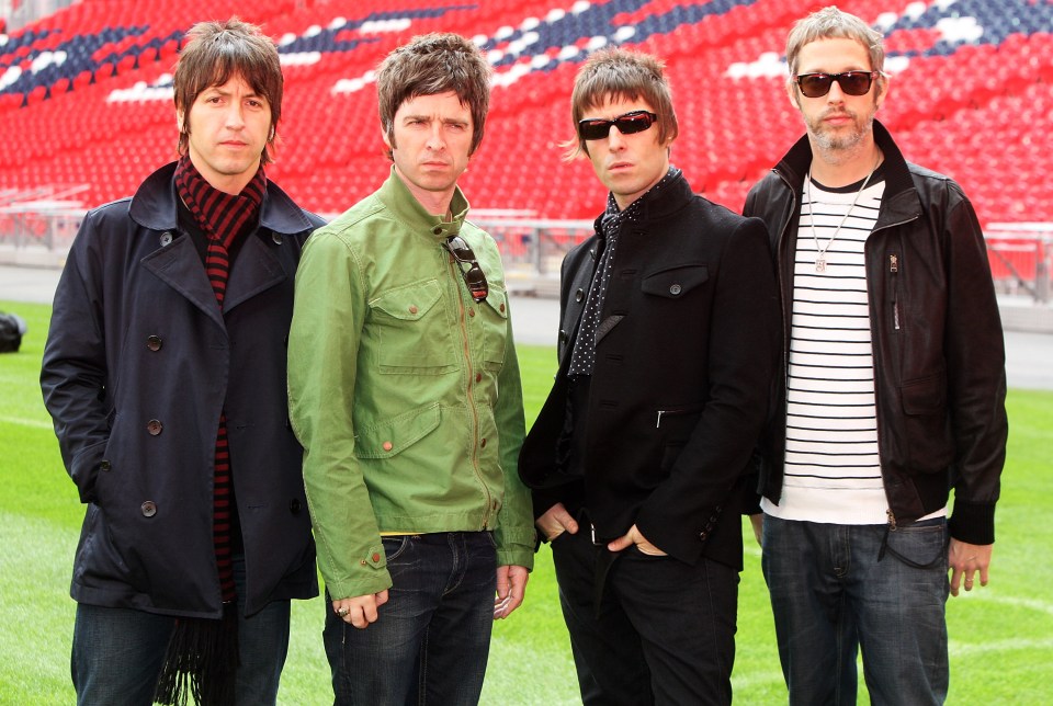 LONDON - OCTOBER 16: L-R Gem Archer, Noel Gallagher, Liam Gallagher and Chris Sharrock attend the Oasis photocall in Wembley Stadium to promote their new album 'Dig out Your Soul' released on October 6, and their two sold out concerts at Wembley Arena, on October 16, 2008 in London, England. (Photo by Dave Hogan/Getty Images)