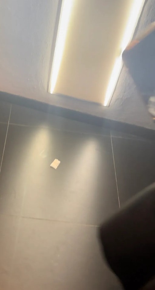 a person standing on a tiled floor under a light