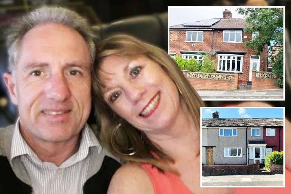 a man and woman are posing for a picture next to a house